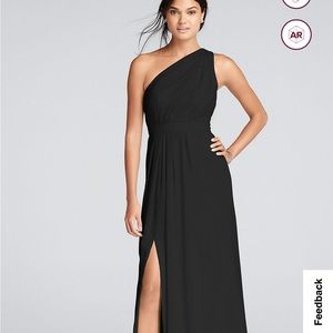 David's Bridal long one-shoulder crinkle chiffon
dress (black) with slit.